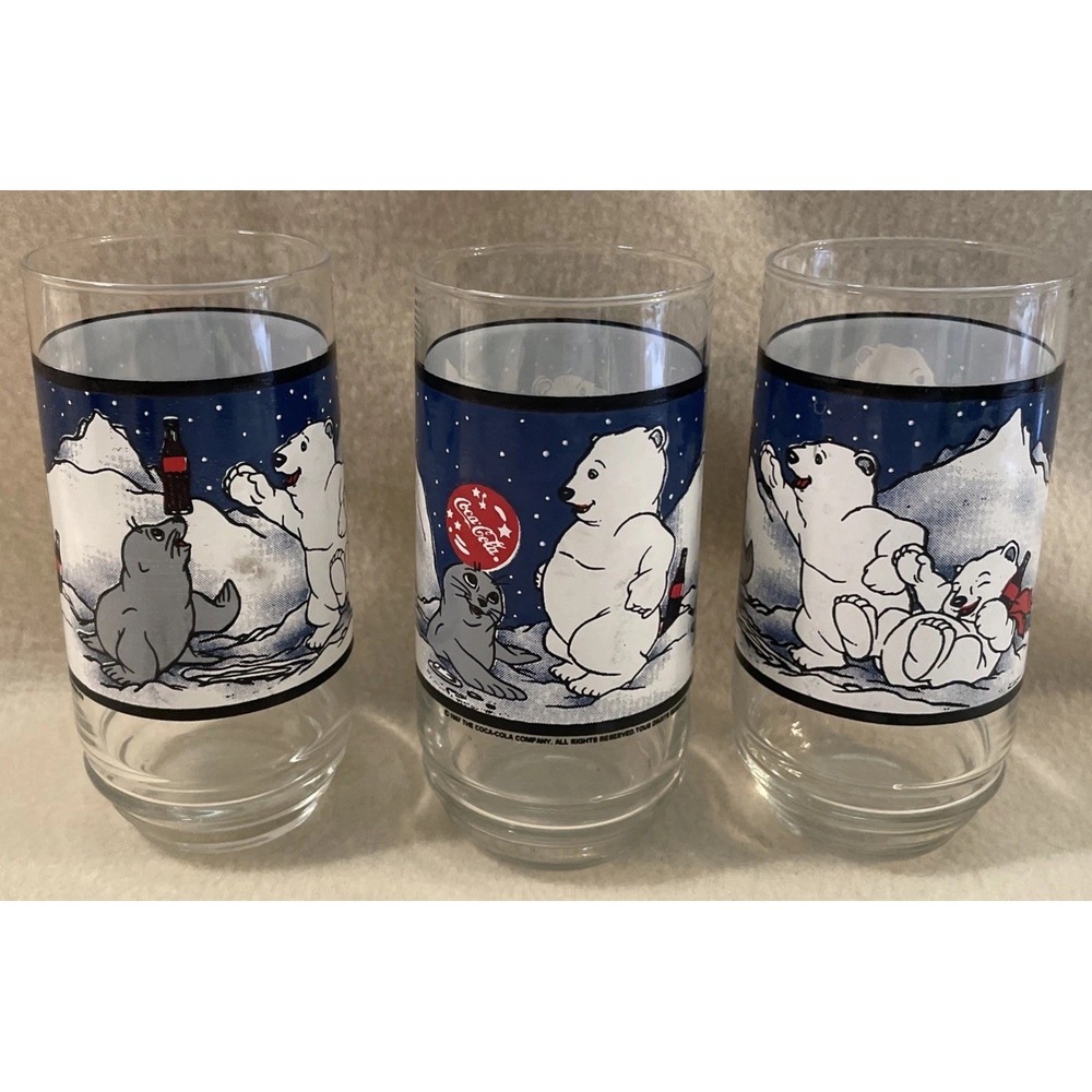 Vtg 1997 Coca-Cola Polar Bear Seal Winter Coke Holiday Glasses 16 oz Set of 3